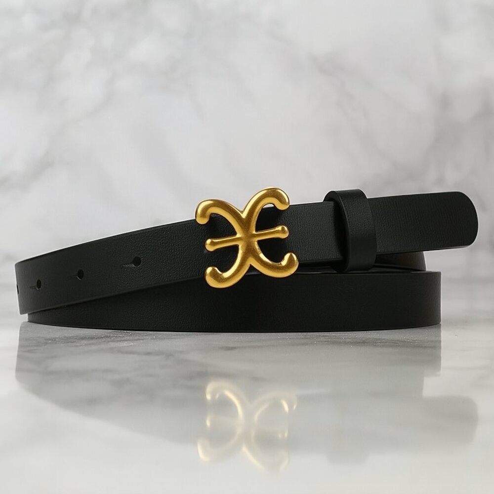 Vegan leather women’s luxe black gold fashion belt